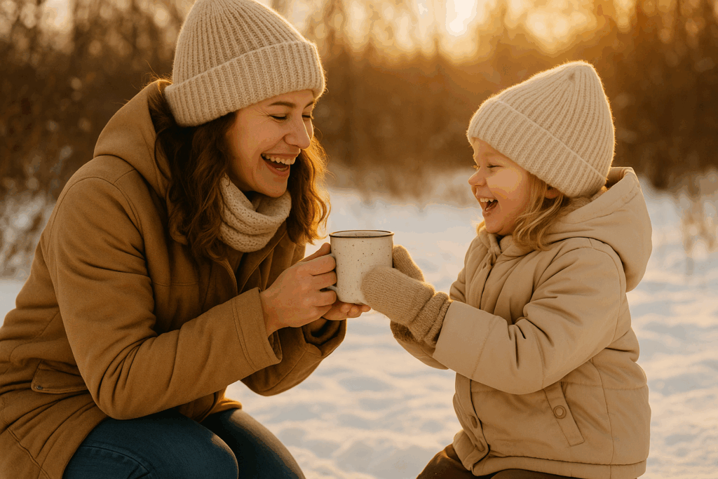 Familie-trinkt-heisse-Schokolade-nach-Winterspaziergang