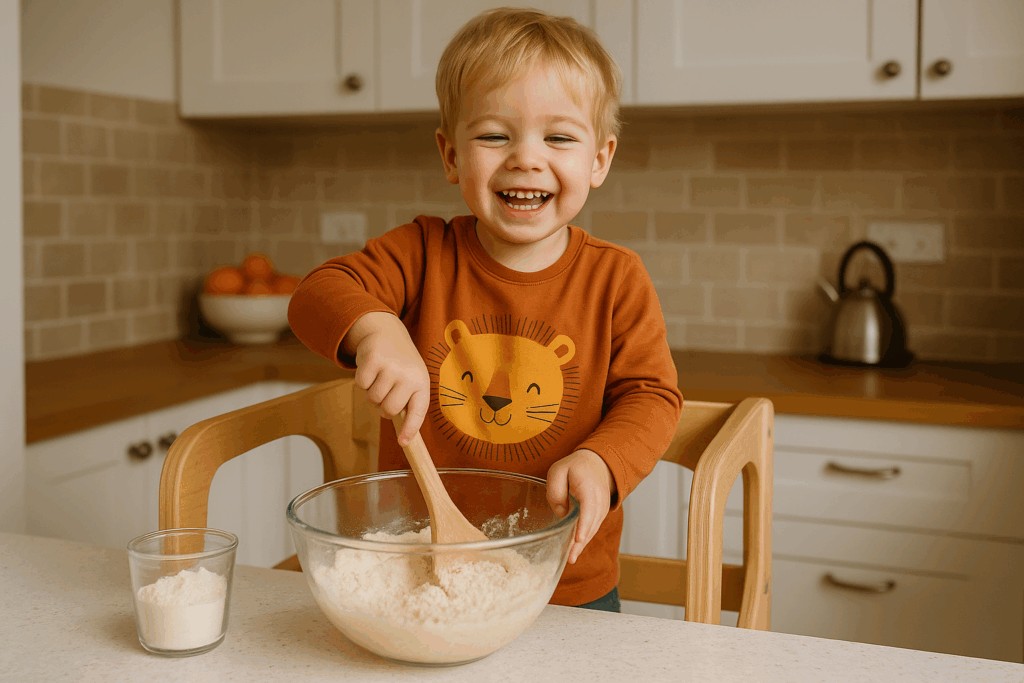 Kind steht auf Lernturm und rührt Mehl
