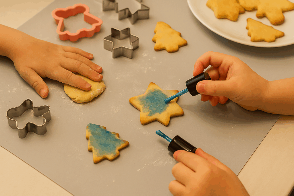 Kind verziert selbst gebackene Plätzchen mit blauer Lebensmittelfarbe – kreatives Gestalten beim Backen mit Kindern