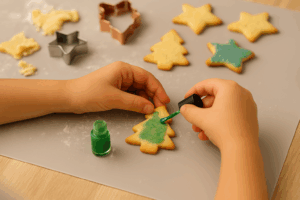 Kind verziert selbst gebackene Plätzchen mit blauer Lebensmittelfarbe – kreatives Gestalten beim Backen mit Kindern