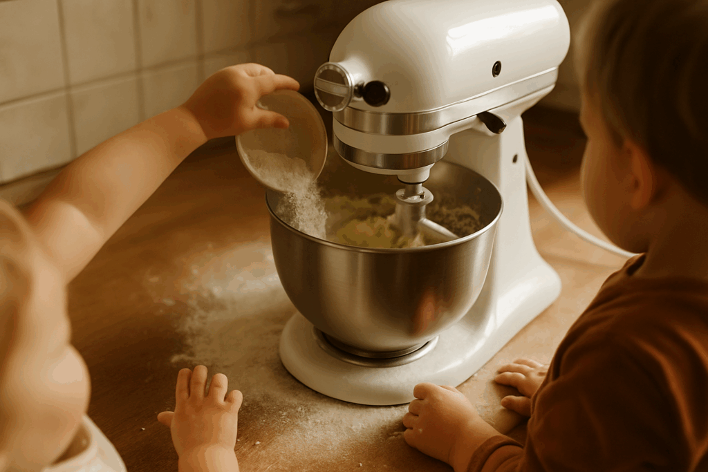 Kinder machen Plätzchenteig für Weihnachten