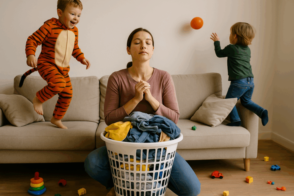 Mutter sitzt ruhig auf dem Sofa mit geschlossenen Augen, während zwei Kinder lebhaft um sie herumspielen – eines im Tigerkostüm springt auf dem Sofa, das andere wirft einen Ball gegen die Wand. Auf dem Boden liegen Spielzeuge und ein Wäschekorb. Szene zeigt Balance zwischen Chaos und Gelassenheit im Familienalltag